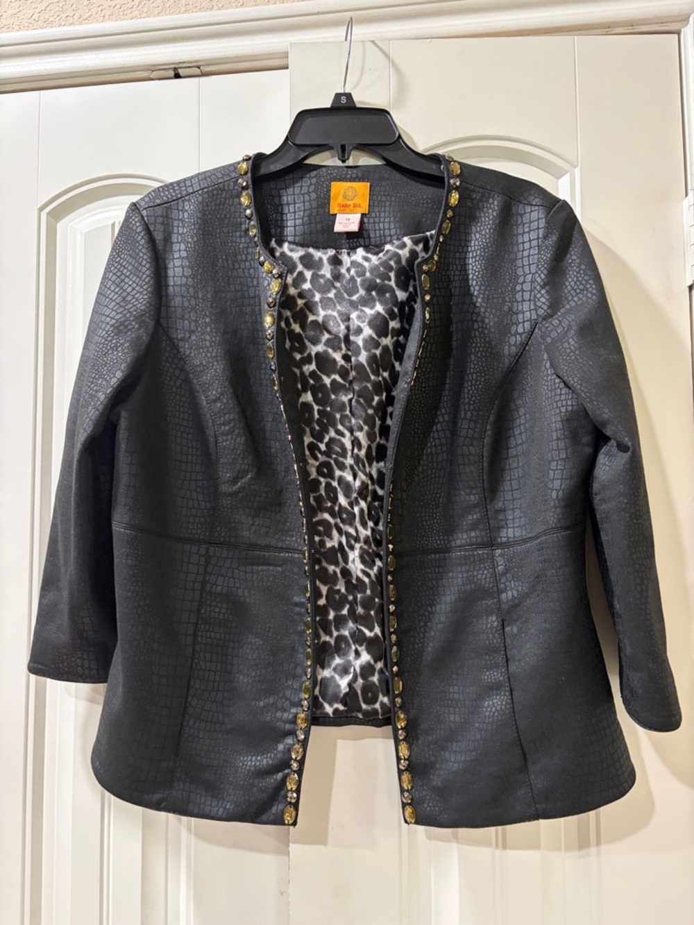 Ruby Rd  Black Croc-Texture Open Blazer with Gold Stud Trim